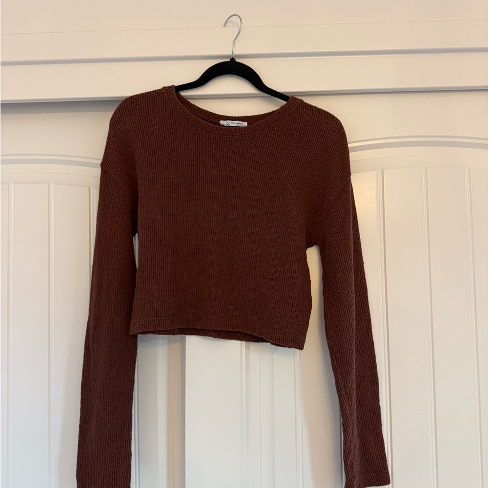 Zara Brown Ribbed Crop Sweatshirt Long Sleeve